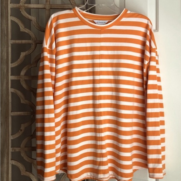 Liz Claiborne Tops - Liz Claiborne Orange White Stripes Long Sleeve Knit Jersey Shirt Top Size L